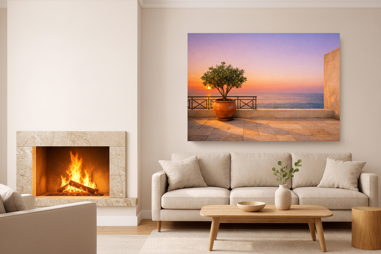 Mediterranean terrace at sunset coastal canvas wall art hung in a recessed alcove beside a stone fireplace in an elegant living room - Portugal Canvas Co