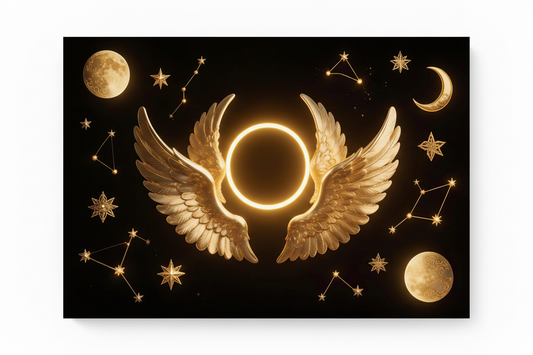 Divine celestial golden angel wings canvas wall art floating on white background with glowing halo moons and constellations on black - Portugal Canvas Co