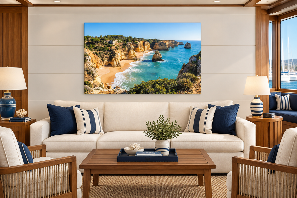 Algarve golden cliffs and turquoise sea canvas above ivory seating in a teak-lined yacht club lounge - Portugal Canvas Co