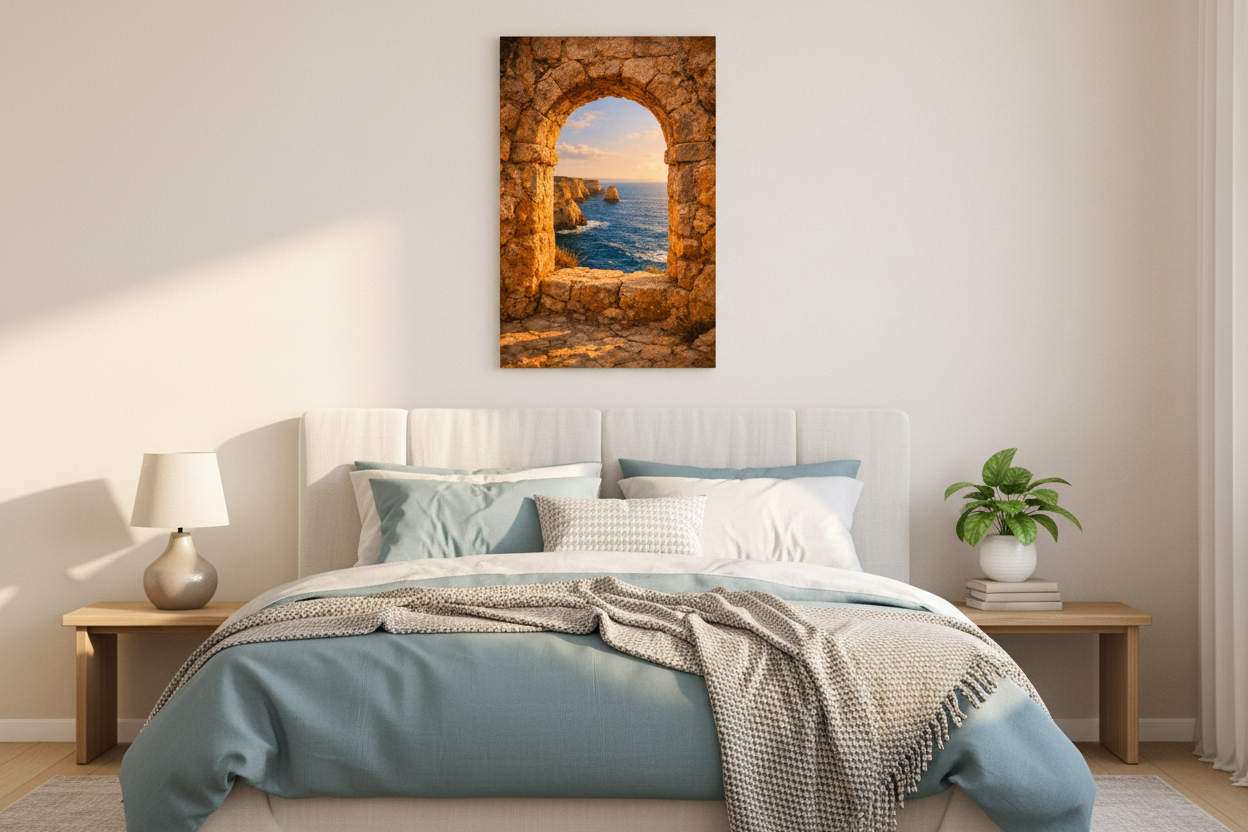 Algarve stone archway sunset canvas print above bed in bright coastal bedroom with white and ocean blue linen - Portugal Canvas Co
