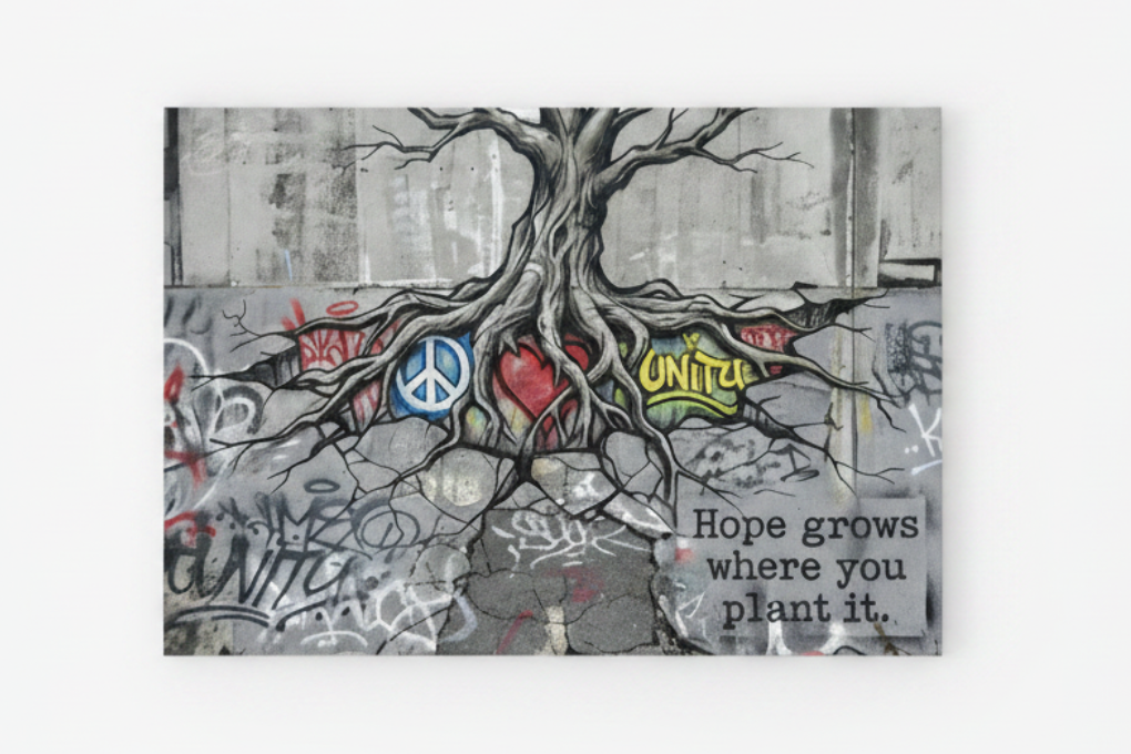 Hope Grows Where You Plant It graffiti street art canvas print with tree roots, peace symbol and unity text, flat lay on white background - Portugal Canvas Co