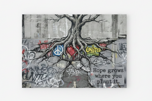 Hope Grows Where You Plant It graffiti street art canvas print with tree roots, peace symbol and unity text, flat lay on white background - Portugal Canvas Co