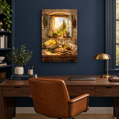 Rustic lemon window still life canvas wall art in a navy blue home office - Portugal Canvas Co
