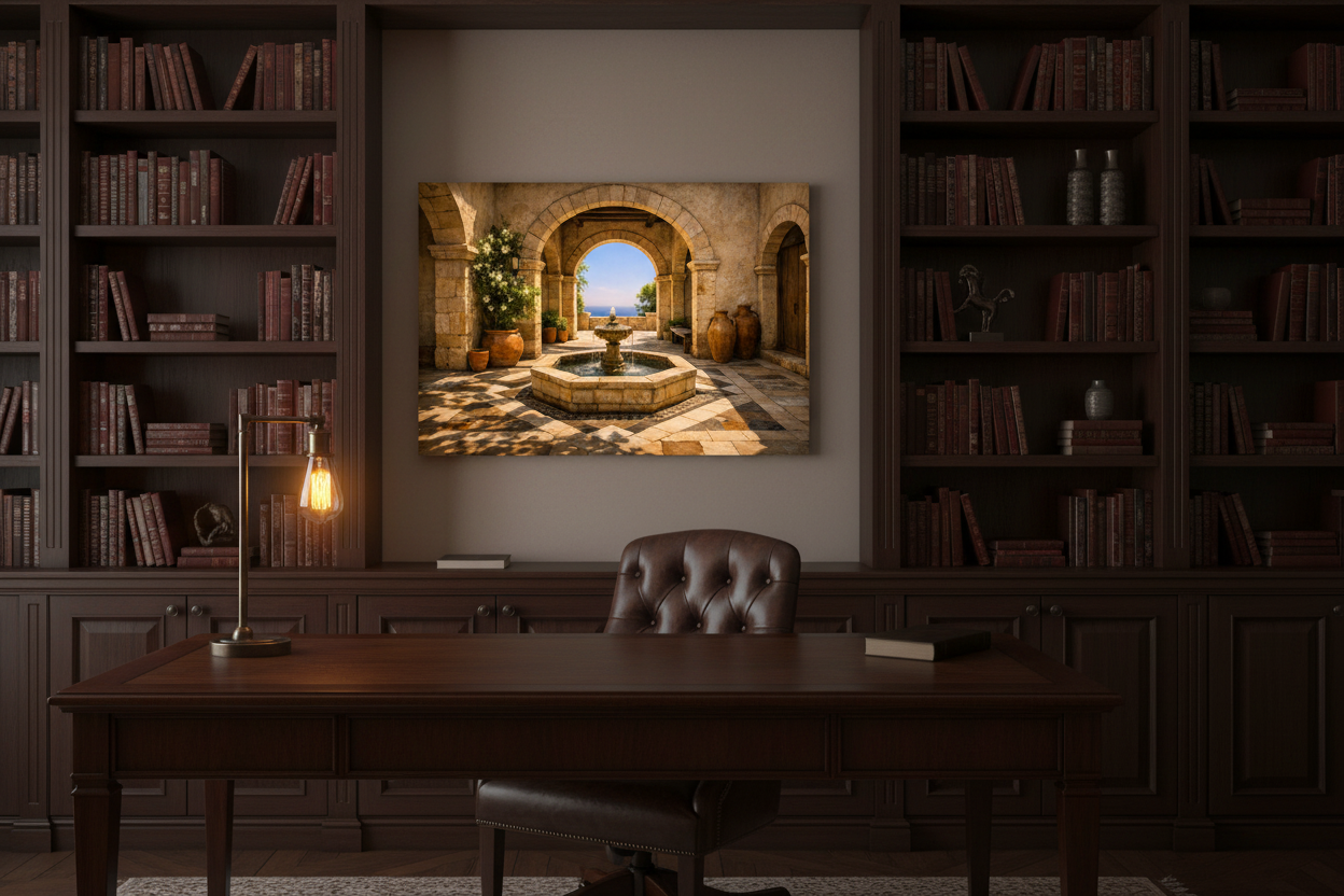 Mediterranean courtyard with stone arches and fountain canvas wall art displayed in an elegant home study with dark wood bookshelves and warm lighting - Portugal Canvas Co