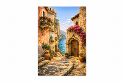Mediterranean cliffside stone village with arched wooden door, bougainvillea and sea view canvas wall art flat lay on white background - Portugal Canvas Co