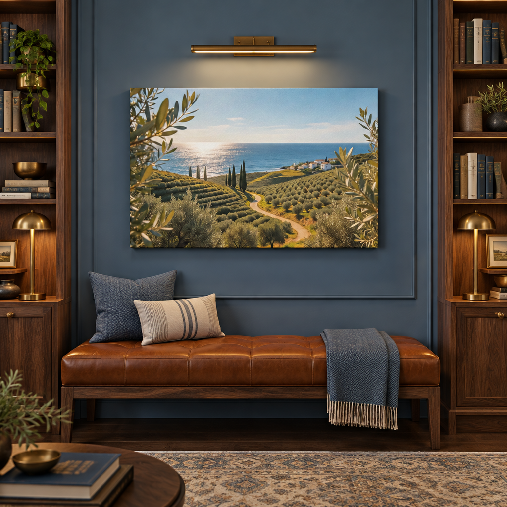 Mediterranean olive grove coastal landscape canvas above a cognac bench in a dusty blue reading room - Portugal Canvas Co