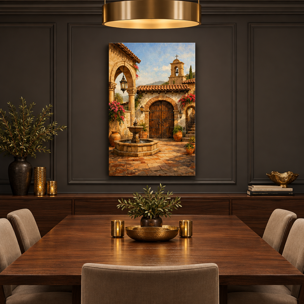 Mediterranean courtyard archway and stone fountain portrait canvas in a charcoal dining room - Portugal Canvas Co