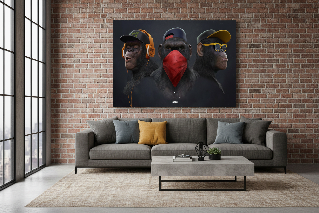 3 Wise Swag monkey canvas wall art displayed on the wall of a cool urban industrial living room with exposed brick walls and dark grey sofa - Portugal Canvas Co