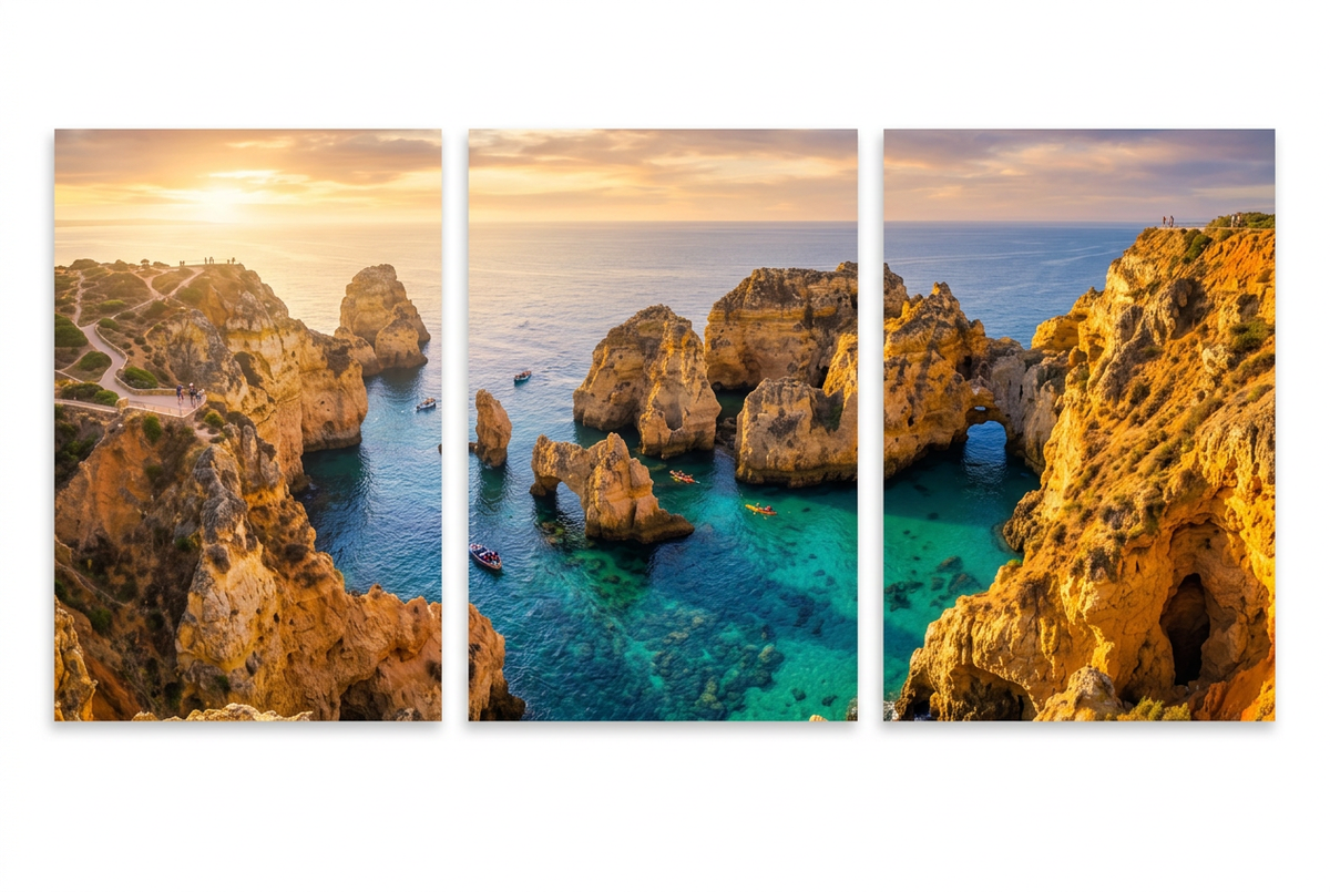 Three portrait canvas panels showing golden coastal cliffs and turquoise sea at sunset on a pure white background - Portugal Canvas Co