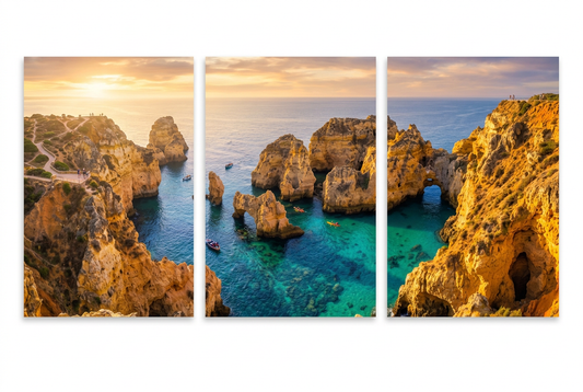 Three portrait canvas panels showing golden coastal cliffs and turquoise sea at sunset on a pure white background - Portugal Canvas Co