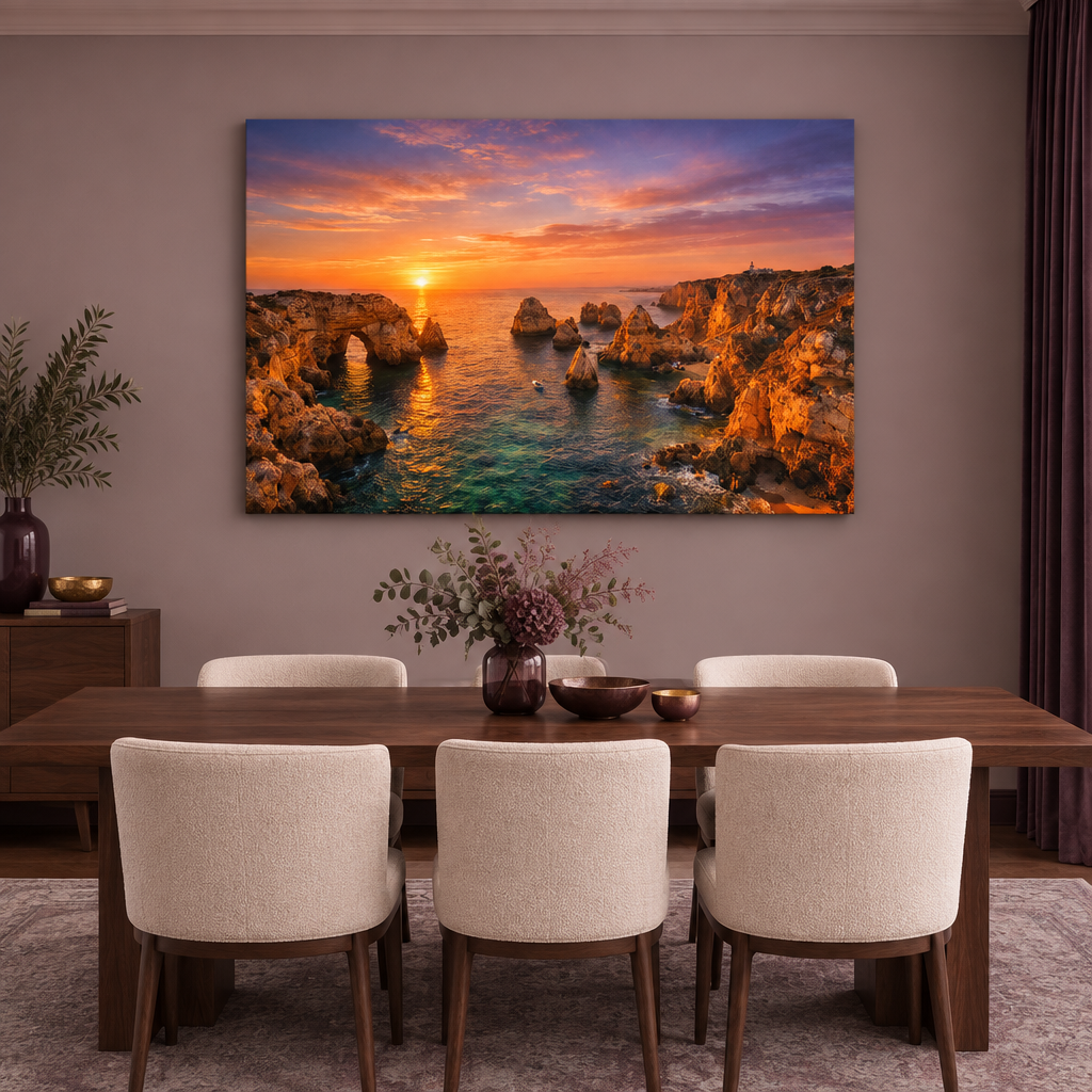 Ponta da Piedade sunset canvas in a dusty mauve dining room - Portugal Canvas Co