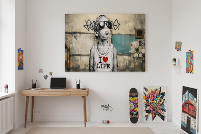 Banksy style I Love Life graffiti canvas wall art displayed on the wall of a cool teenager bedroom with urban street art decor and skateboard - Portugal Canvas Co