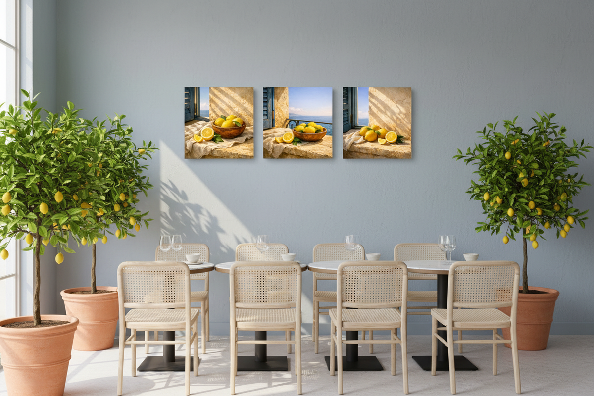 Mediterranean Lemon Window Trio triptych on soft blue wall in an elegant coastal cafe with marble tables and potted lemon trees - Portugal Canvas Co