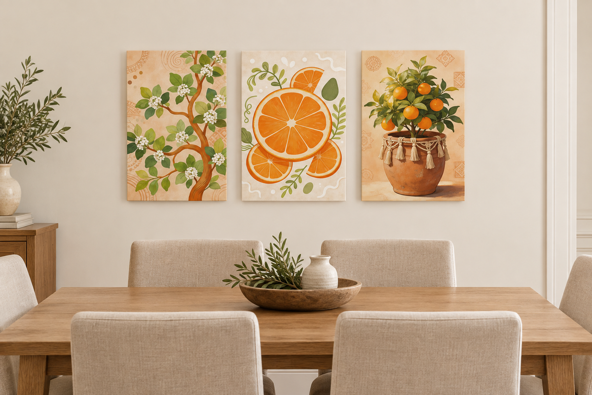 Three-piece orange citrus canvas set above an oak table in a light home dining room - Portugal Canvas Co