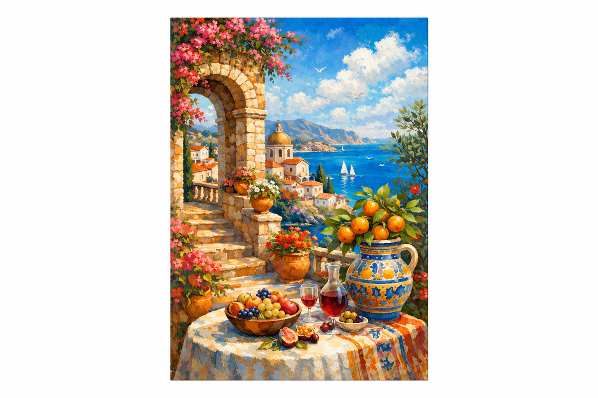 Portrait Mediterranean coastal archway canvas with pink bougainvillea, sailboats and oranges on pure white background - Portugal Canvas Co