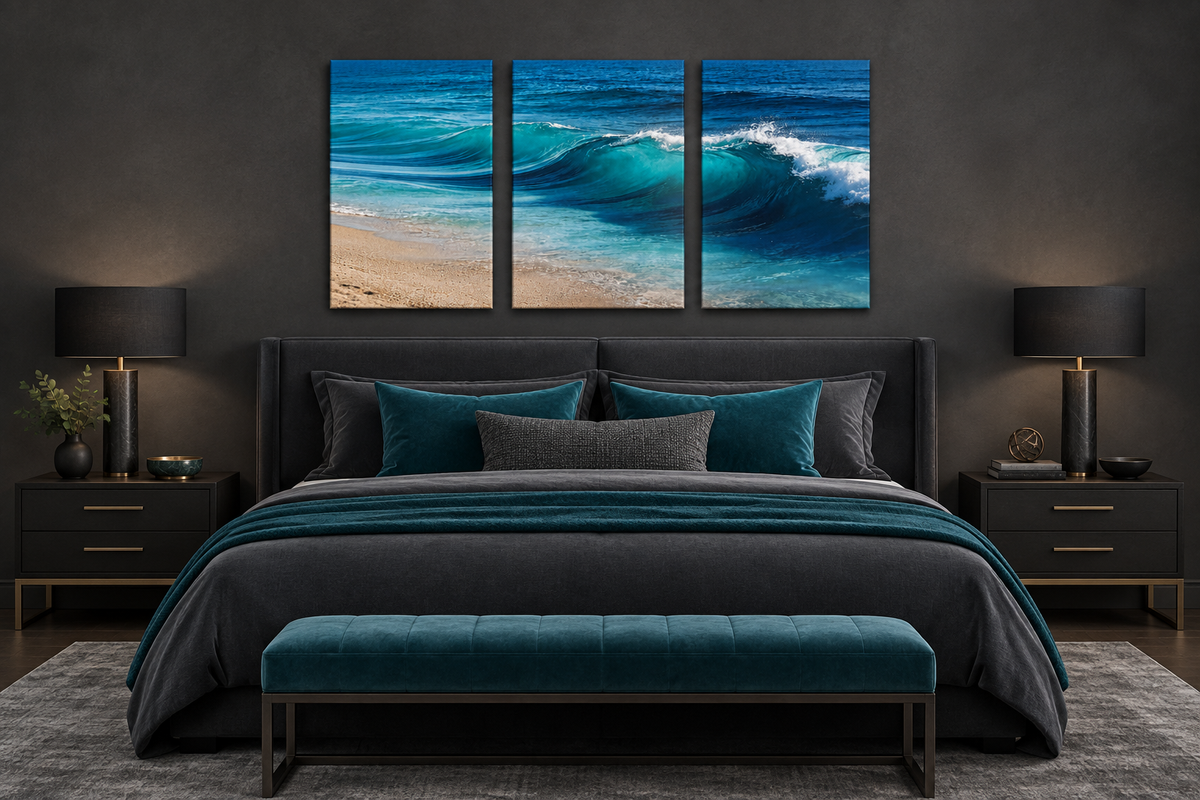 Ocean Wave three-panel canvas above a bed in a charcoal and teal bedroom with even lighting - Portugal Canvas Co