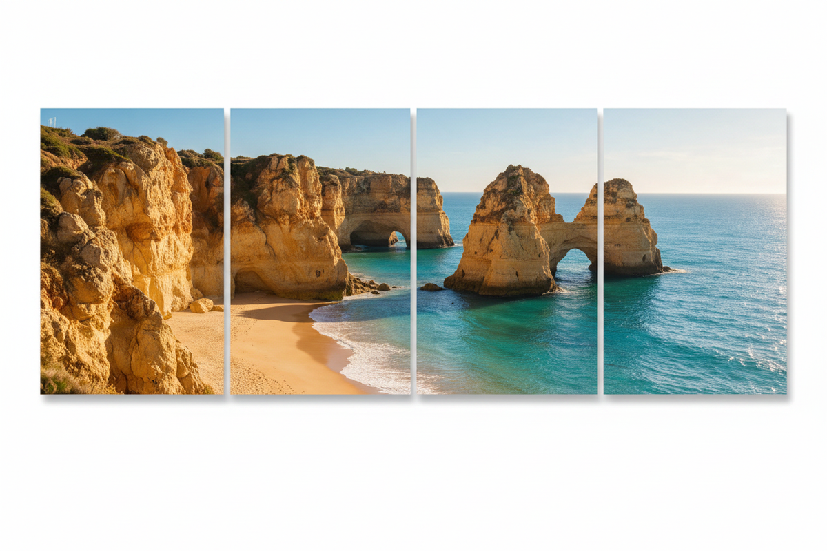 Four-panel Old Town Albufeira canvas wall art on a pure white background - Portugal Canvas Co