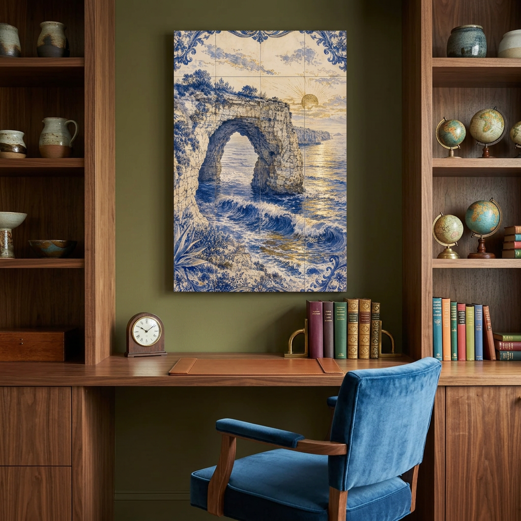 Azulejo-style coastal rock arch sunset canvas above a walnut desk in an olive-green home office - Portugal Canvas Co