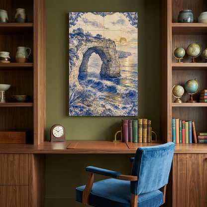 Azulejo-style coastal rock arch sunset canvas above a walnut desk in an olive-green home office - Portugal Canvas Co
