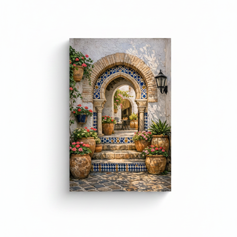 Andalusian archway courtyard canvas print with blue mosaic tiles and terracotta pots with pink geraniums on white background - Portugal Canvas Co