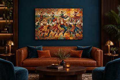 Colourful traditional folk dancers canvas displayed in a dark boutique hotel lounge - Portugal Canvas Co
