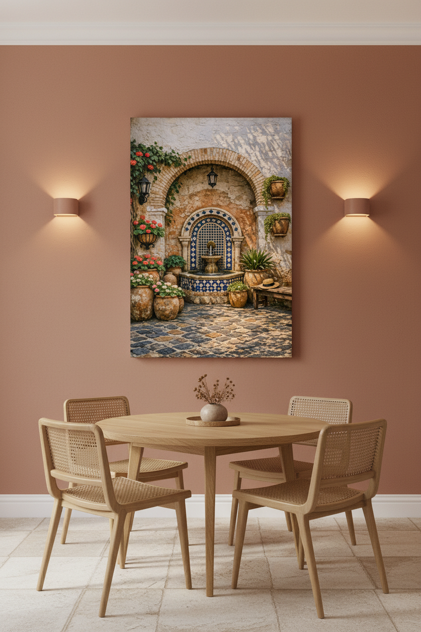 Andalusian courtyard fountain canvas wall art with blue mosaic tile arch and geraniums hung on a warm terracotta wall in an elegant dining room with round wooden table and woven chairs - Portugal Canvas Co