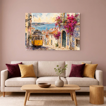 Lisbon yellow tram watercolour canvas in a blush pink living room - Portugal Canvas Co