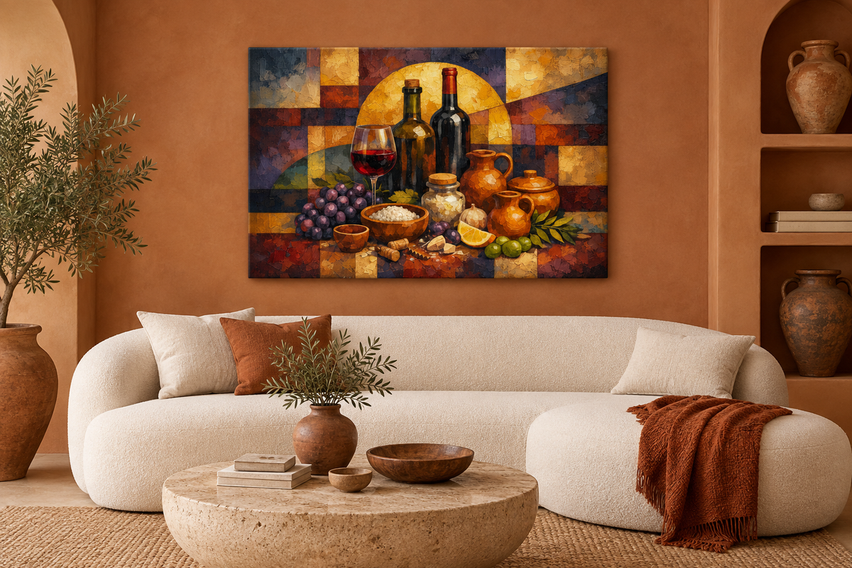 Grapes and wine harvest still life gallery-wrapped canvas in a terracotta and ivory living room - Portugal Canvas Co