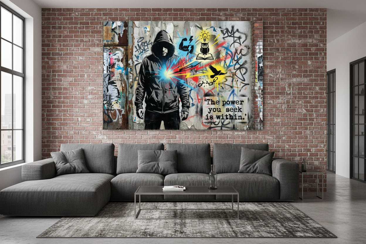 The power you seek is within Banksy style canvas wall art displayed on the wall of a cool urban industrial living room with exposed brick walls and dark grey sofa - Portugal Canvas Co