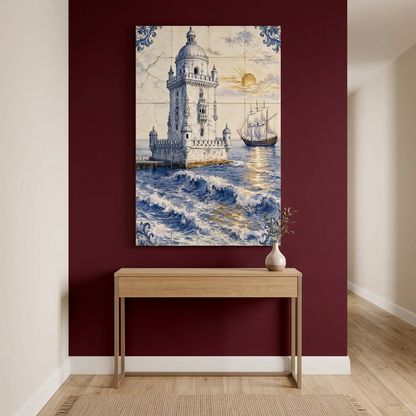 Belem Tower Portuguese azulejo-style canvas with ocean waves and sailing ship on a burgundy wall in an entrance hallway - Portugal Canvas Co