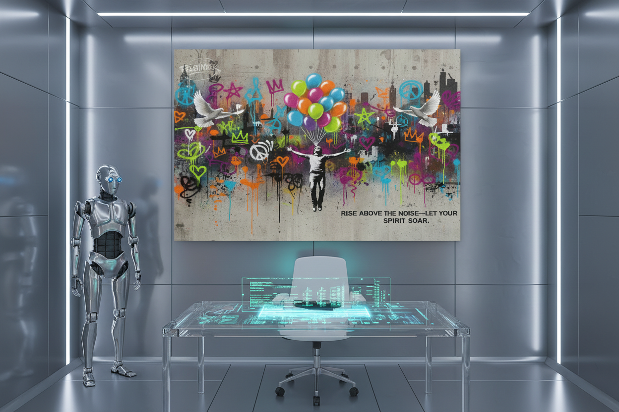 Rise above the noise let your spirit soar Banksy style canvas wall art displayed on the wall of a bright modern home office with wooden desk and natural light - Portugal Canvas Co