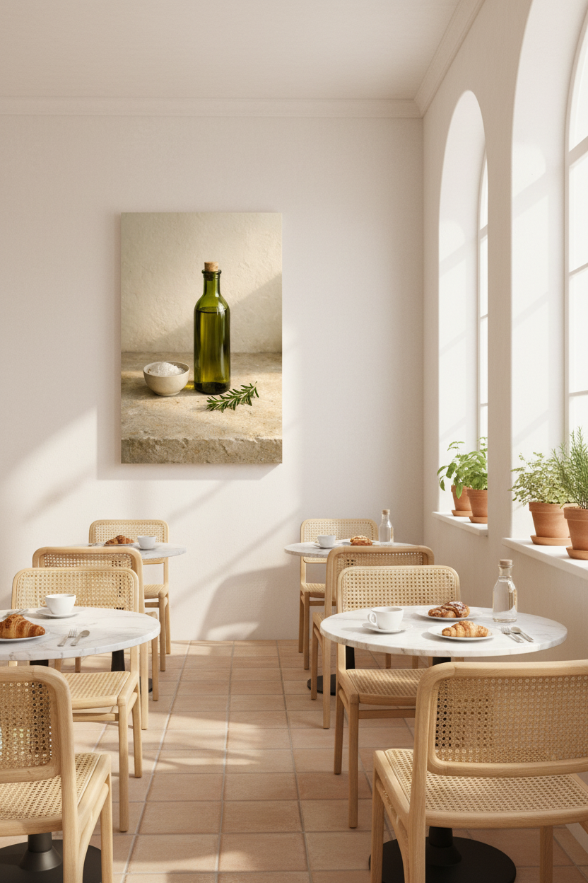 Olive oil bottle rosemary still life canvas wall art displayed in a bright Mediterranean café interior - Portugal Canvas Co