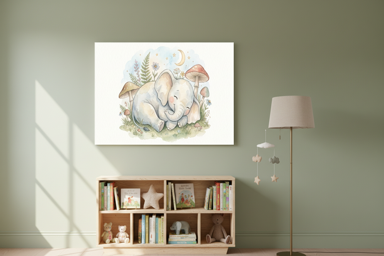 Sleeping baby elephant nursery canvas wall art on a sage green nursery wall above a wooden bookshelf - Portugal Canvas Co