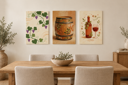 Three-piece grapevine and wine canvas set above an oak table in a home dining room - Portugal Canvas Co