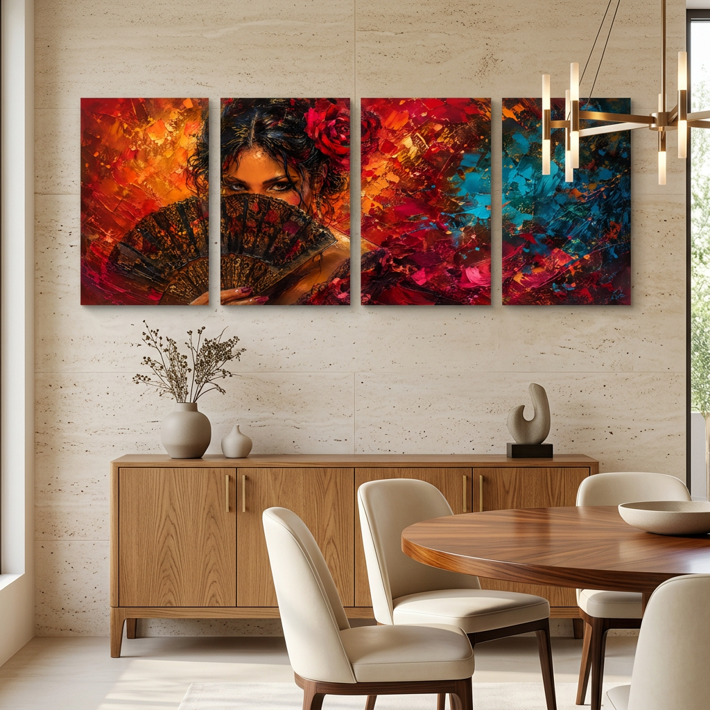 Four-panel woman with fan canvas wall art displayed in a dining room - Portugal Canvas Co
