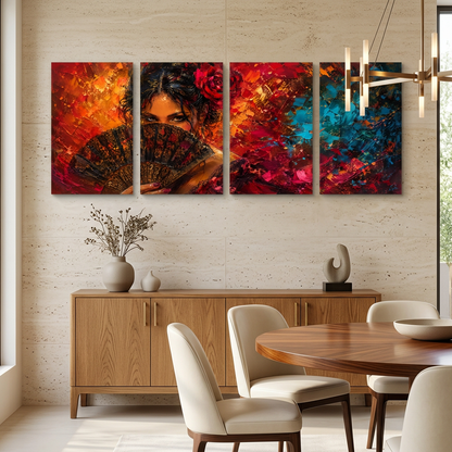 Four-panel woman with fan canvas wall art displayed in a dining room - Portugal Canvas Co