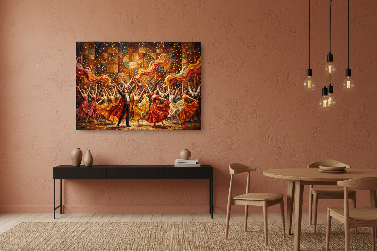 Vibrant festival dance performance canvas wall art displayed above a console table in a warm dining room with terracotta walls - Portugal Canvas Co