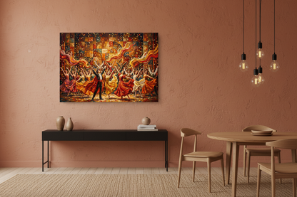 Vibrant festival dance performance canvas wall art displayed above a console table in a warm dining room with terracotta walls - Portugal Canvas Co