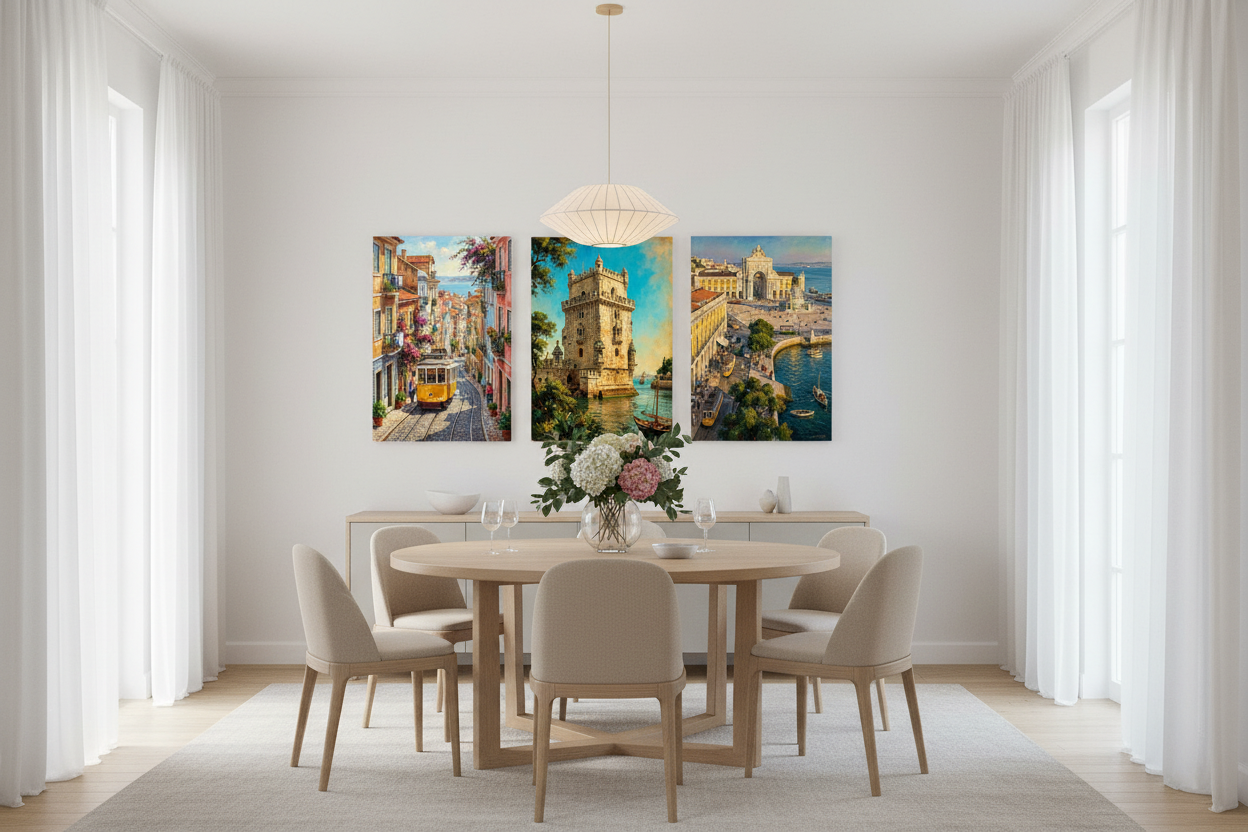 Lisbon cityscape triptych canvas wall art set displayed in a bright modern dining room interior - Portugal Canvas Co