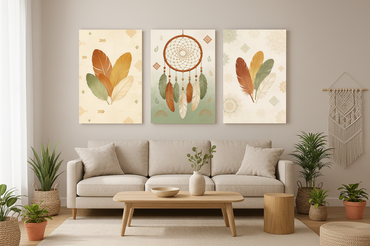 Boho dreamcatcher triptych canvas wall art set displayed on the wall of a bright boho living room with cream linen sofa and rattan furniture - Portugal Canvas Co