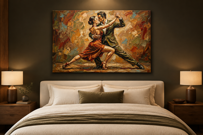 Earthy tango couple canvas displayed in an elegant modern bedroom - Portugal Canvas Co