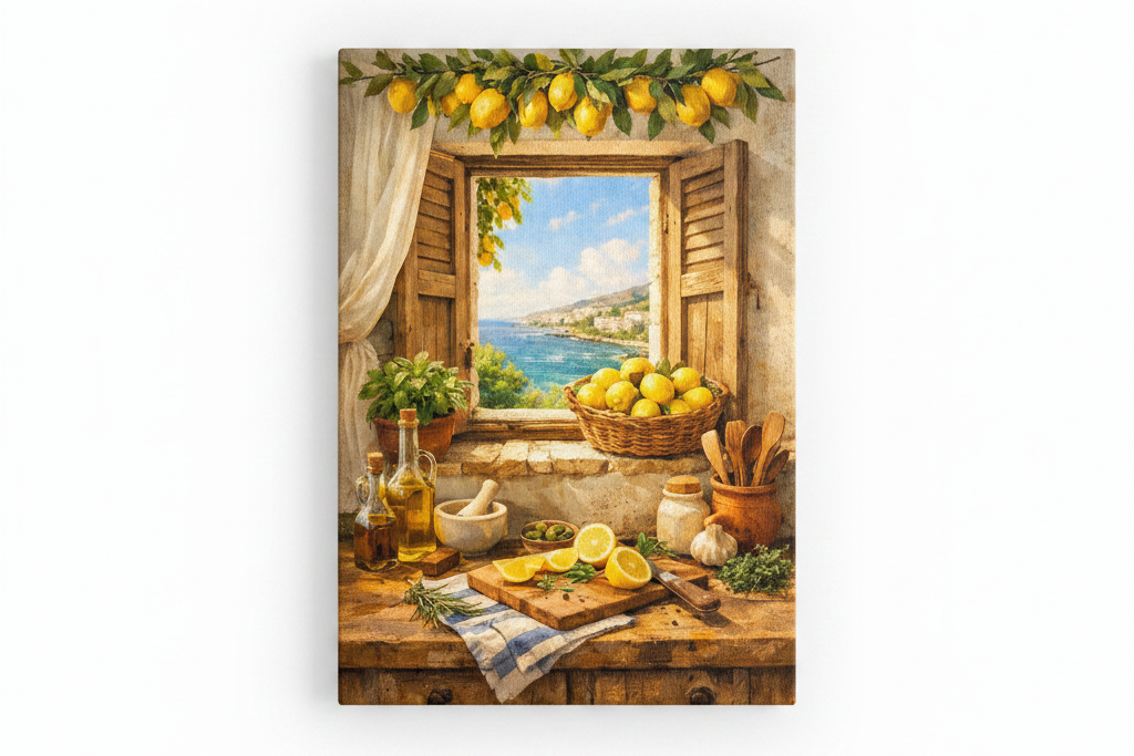 Mediterranean lemon kitchen still life canvas wall art on white background square format - Portugal Canvas Co