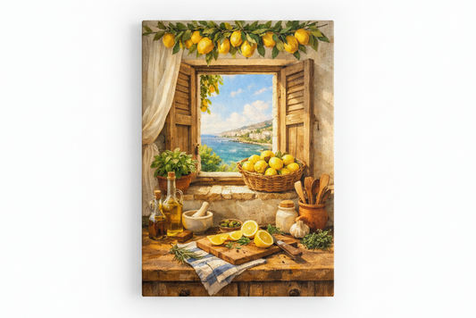 Mediterranean lemon kitchen still life canvas wall art on white background square format - Portugal Canvas Co