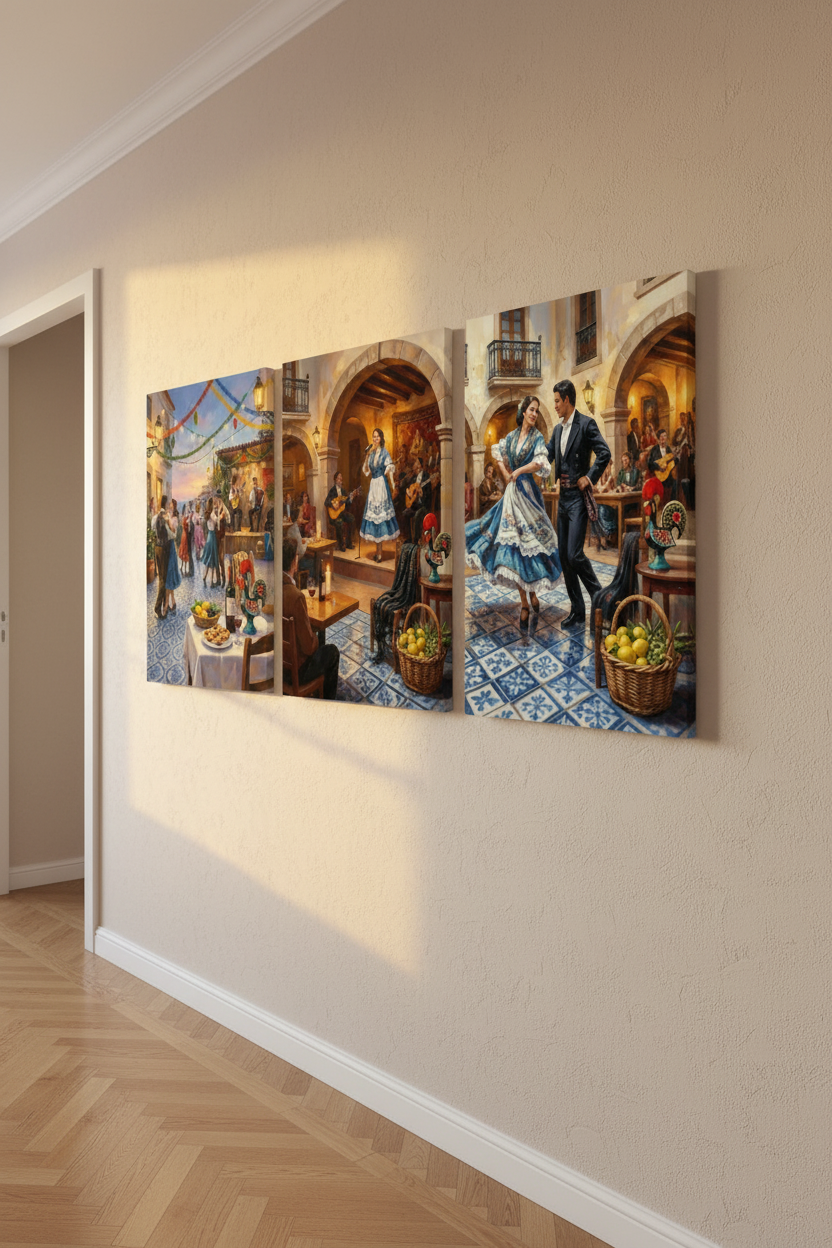 Portuguese folk festival triptych canvas prints mounted in a light beige hallway with herringbone wooden floor - Portugal Canvas Co