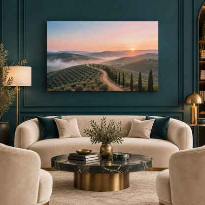 Tuscan sunrise cypress road canvas above a cream sofa in a deep teal hotel lounge - Portugal Canvas Co