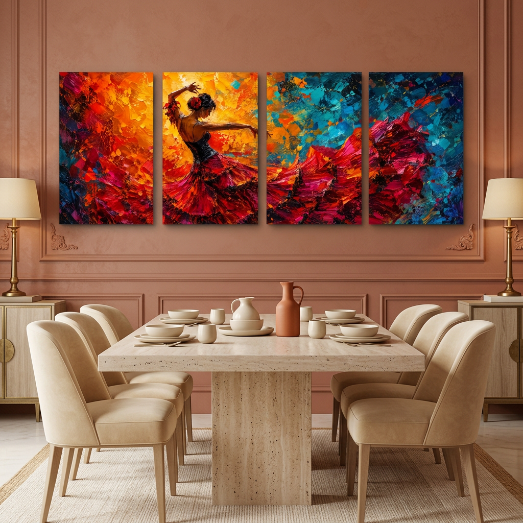 Four-panel flamenco dancer canvas artwork in a terracotta dining room with cream chairs and a travertine table - Portugal Canvas Co