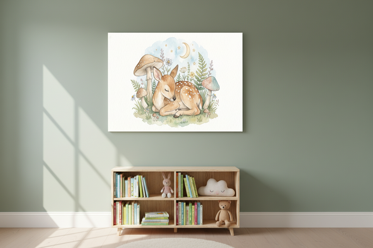 Sleeping baby fawn nursery canvas wall art on a sage green nursery wall above a wooden bookshelf - Portugal Canvas Co