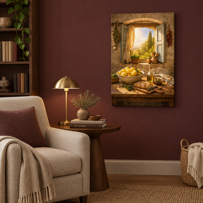 Rustic lemon window still life canvas wall art in a burgundy reading nook - Portugal Canvas Co