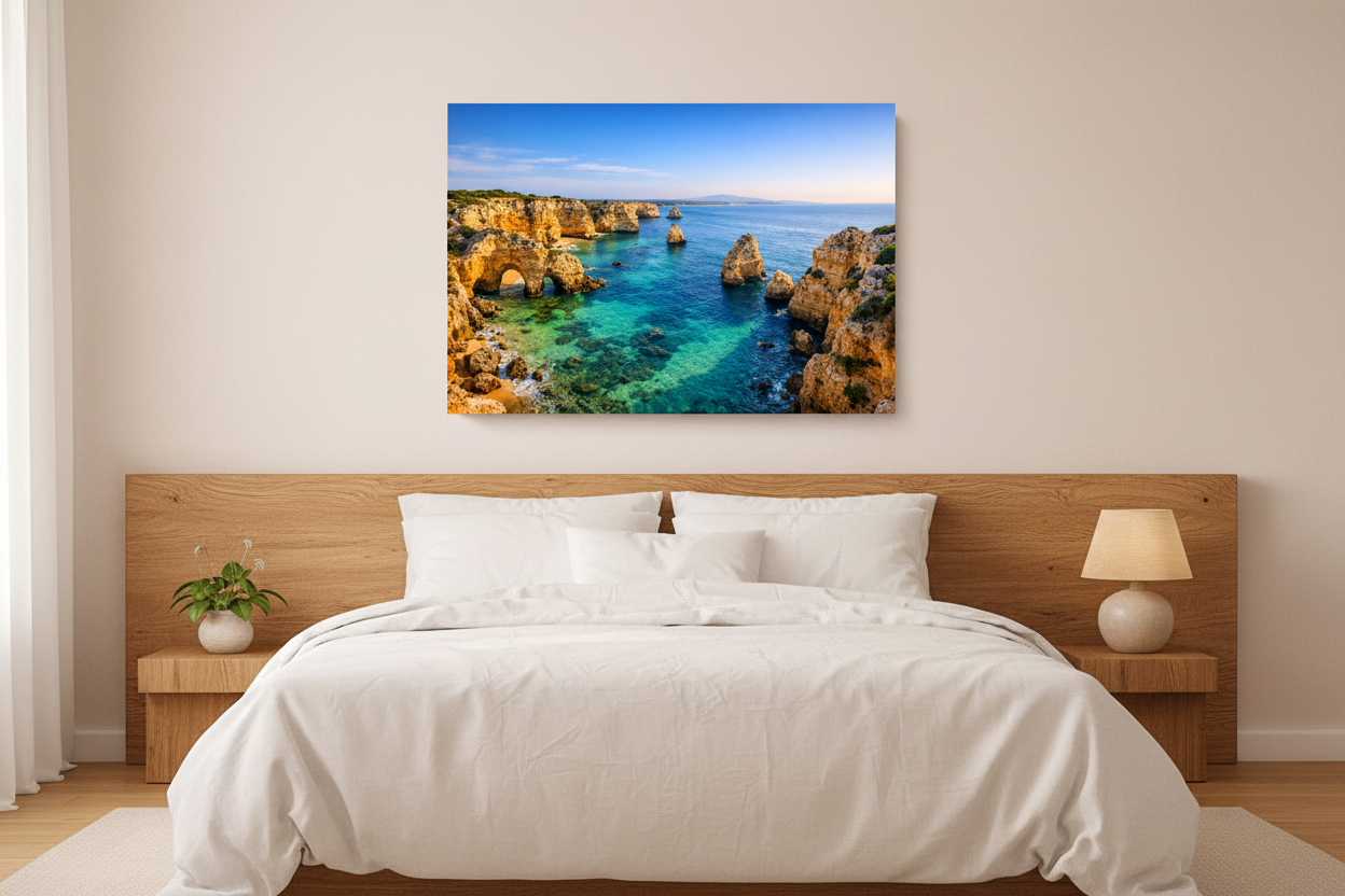 Praia da Marinha Algarve golden cliffs and turquoise ocean canvas wall art displayed above a bed in a warm Mediterranean-style bedroom - Portugal Canvas Co