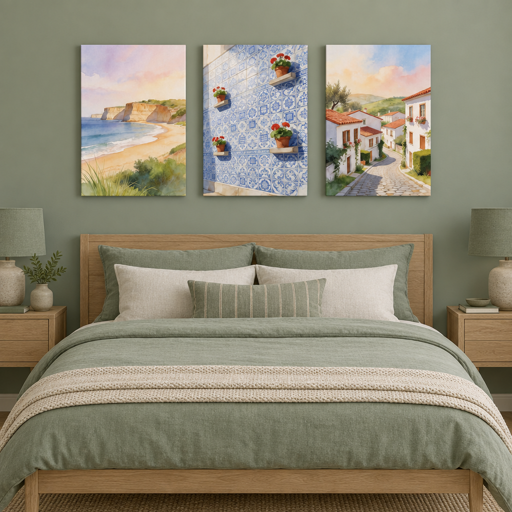 Three-piece Mediterranean canvas wall art in a sage green bedroom, beach, Portuguese tiles and village street - Portugal Canvas Co